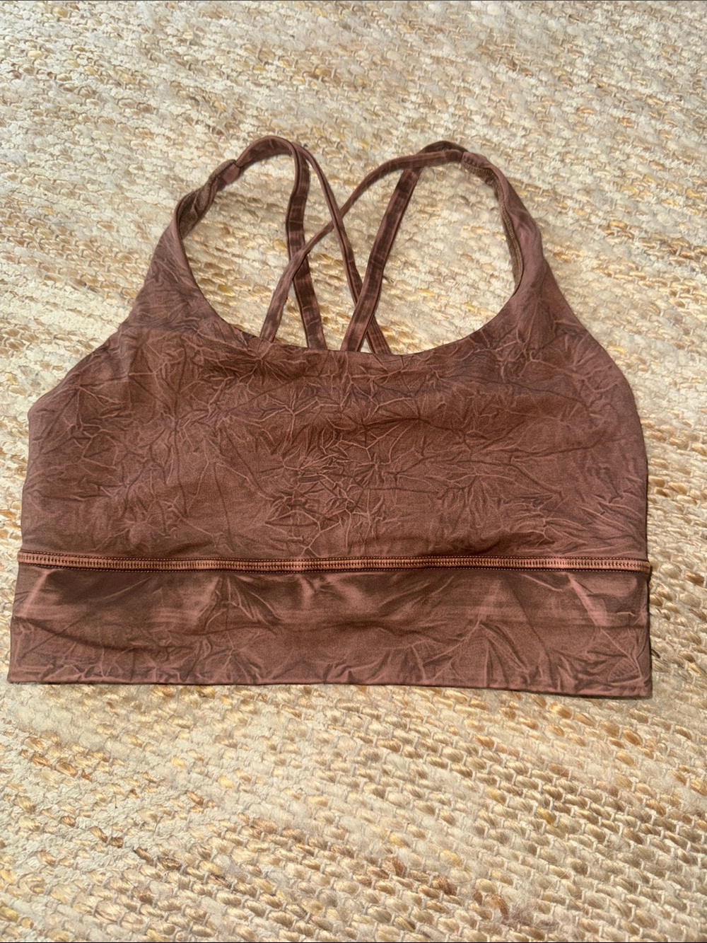 Brown Crinkle-Texture Strappy Sports Bra